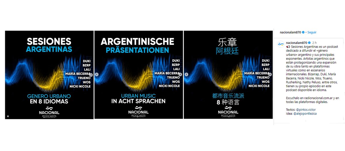 Hay un nuevo podcast de Radio Nacional con textos míos: Sesiones Argentinas. 
El género urbano argentino y sus principales exponentes, en ocho idiomas. 

Un honor para mí.
Una buena idea de Alejo.

<a href="/NacionalAM870/">Radio Nacional AM 870</a> <a href="/PontLezica/">Ale Pont Lezica</a> <a href="/AdrianKorol/">Adrian Korol</a>