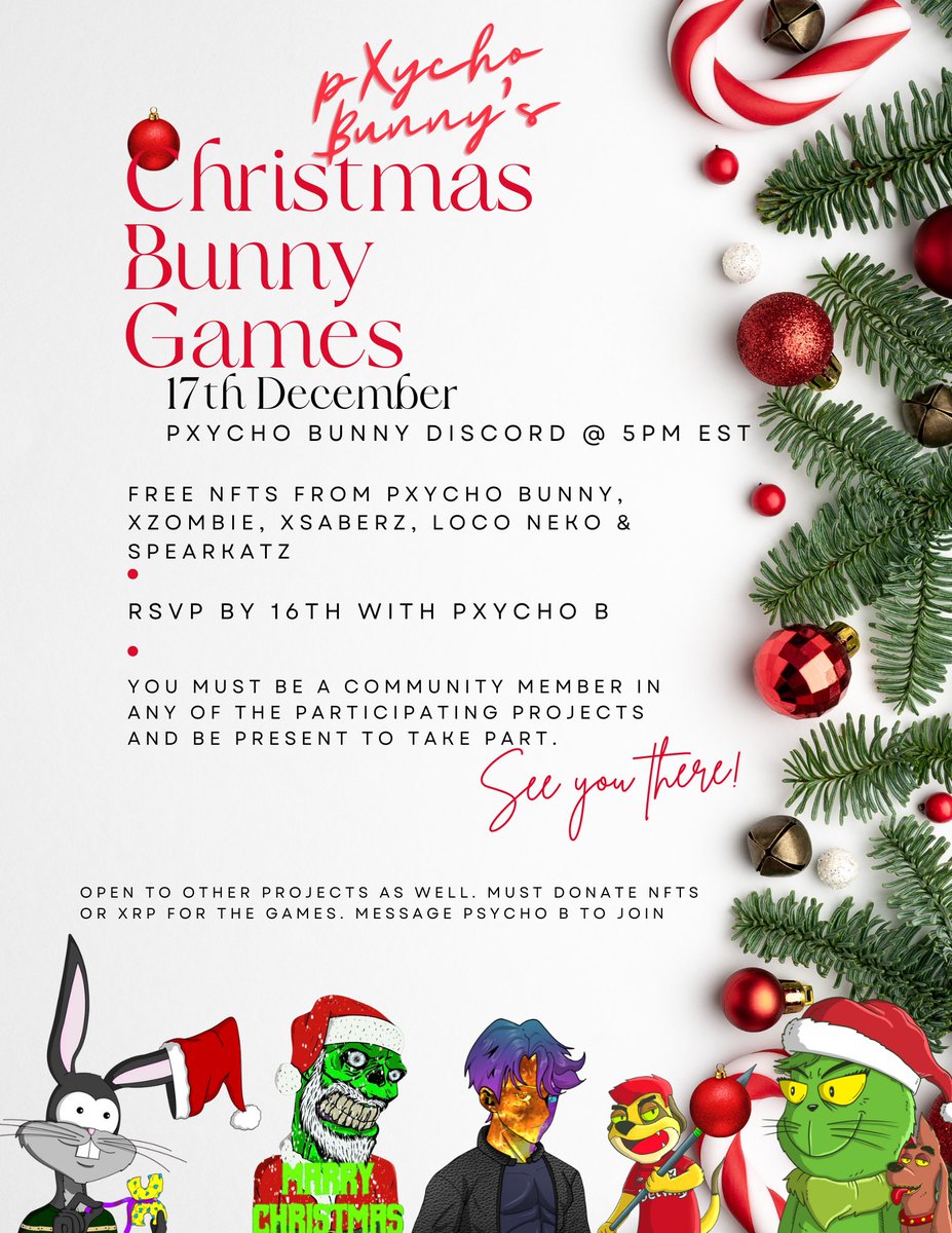 @pXychoNFT is hosting a #ChristmasEvent with some #XRPL friends.

Hop into the discord for info on how to join. Any community members in any of the projects are welcome to join.

If you don’t own any NFTs go and sweep one while they are low right now. 

discord.gg/k5EvgtdWMu