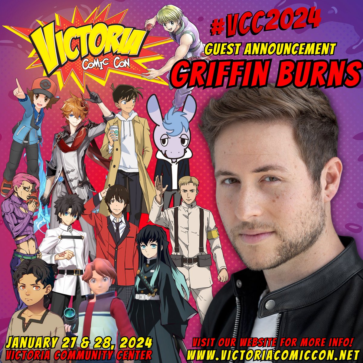 We are excited to welcome <a href="/TheGriffinBurns/">Griffin Burns</a> to #VCC2024! Griffin is a voice actor most known for, Childe in Genshin Impact, Doppio in Jojo’s Bizarre Adventure, Akira in Devilman Crybaby, Tadano in Aggretsuko, Muichiro in Demon Slayer &amp; MANY MORE!
victoriacomiccon.net