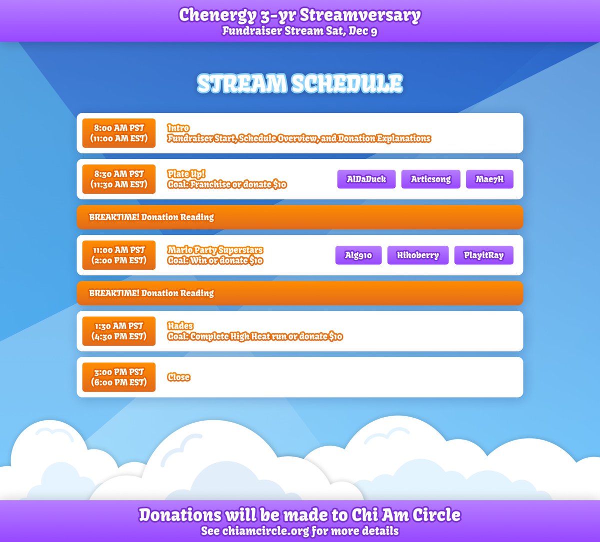 ChenergyGames's tweet photo. ☀️This weekend we're celebrating our 3 Year anniversary by fundraising for Chi Am Circle, a high school scholarship organization! 
🥰See you Dec 9, Saturday, 8:00 am PST! https://t.co/m9QmSD6CP7