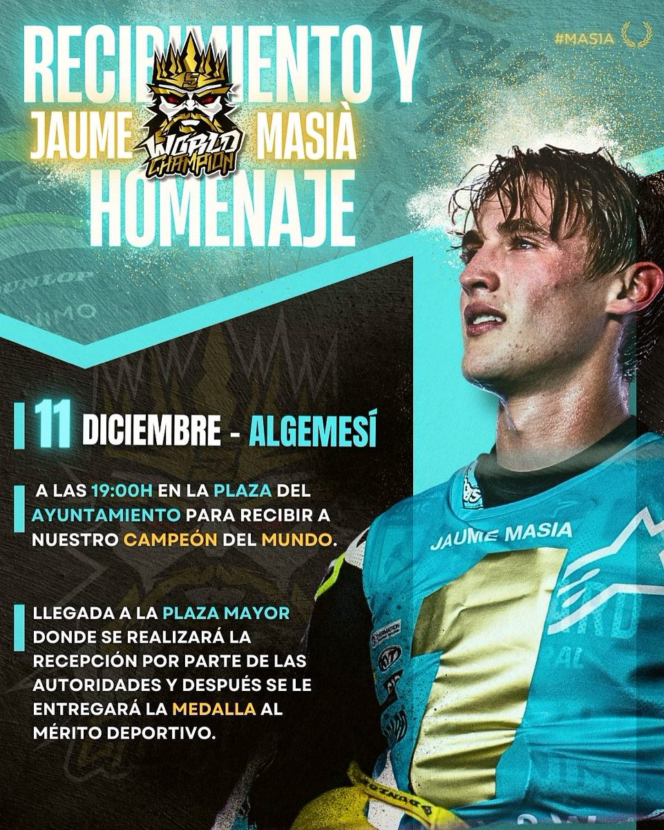 fanclubJMV5's tweet photo. ¡Recibimiento Y Homenaje a nuestro Campeón Del Mundo @jaume_masia !✨

¡Falta muy poco para este próximo Lunes 11 de Diciembre en #Algemesí! ¡Os esperamos a tod@s a las 19:00h en la Plaza del Ayuntamiento para recibir a Nuestro Campeón del Mundo! 🌍🥇

¡TE ESPERAMOS!🙌🏼
-
#MAS1A https://t.co/jwnpKtJTqI