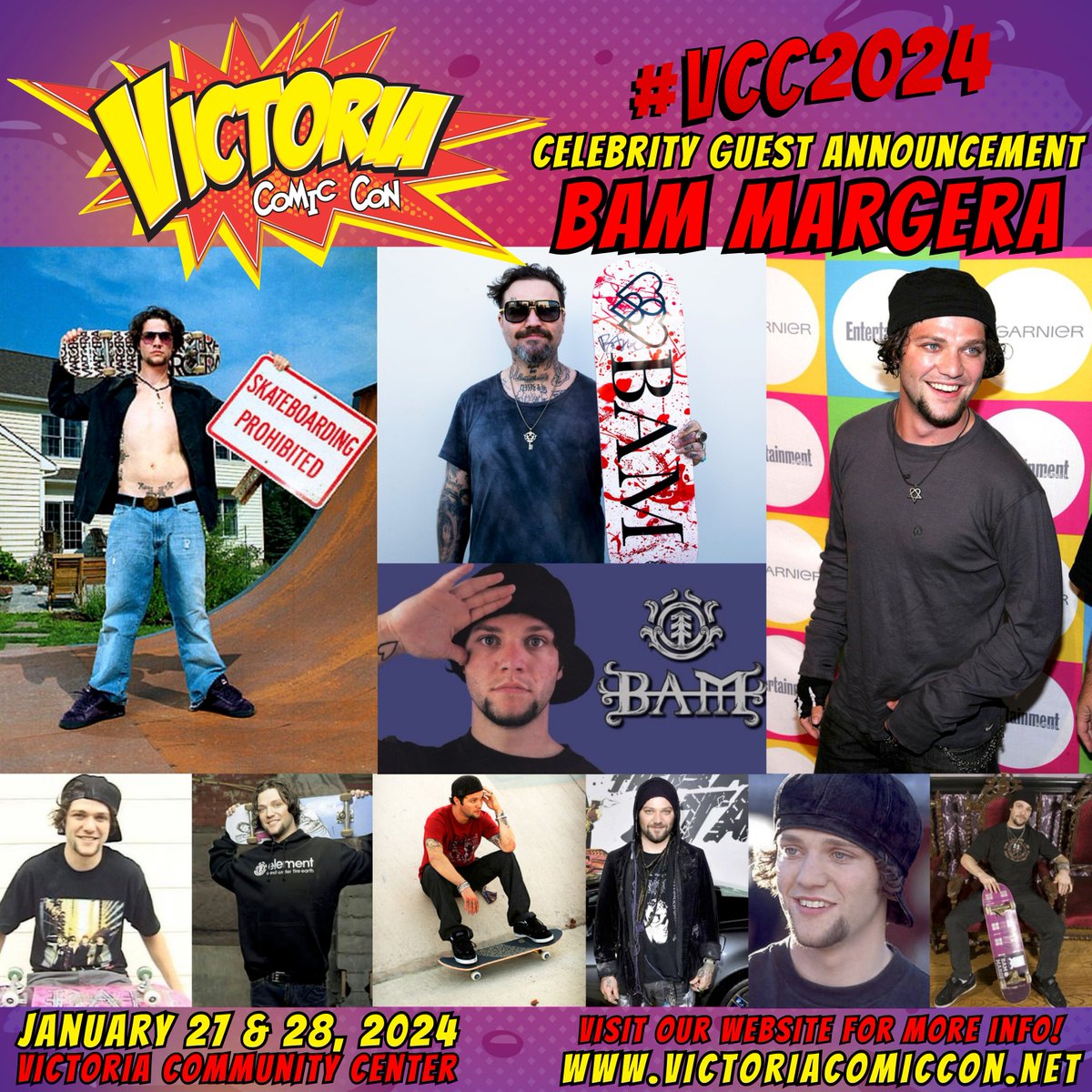 We are SO excited to reveal that BAM MARGERA is coming to #VCC2024! Bam is a professional skateboarder that's known for MTV's Jackass &amp; has since appeared in MTV's Viva La Bam, Bam's Unholy Union, and all three Jackass movies. SUNDAY ONLY! victoriacomiccon.net