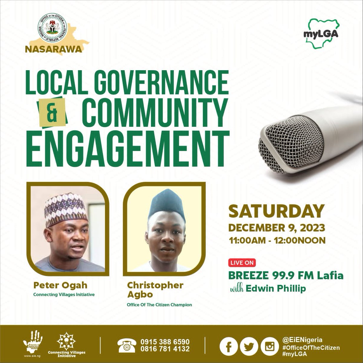 Dear friends, my friend Christopher O Agbo  and I will be on air at Breezefm Lafia  this Saturday, 9th November 2023 to speak on the topic 'local governance & community engagement'. Please join and engage as much as possible.
