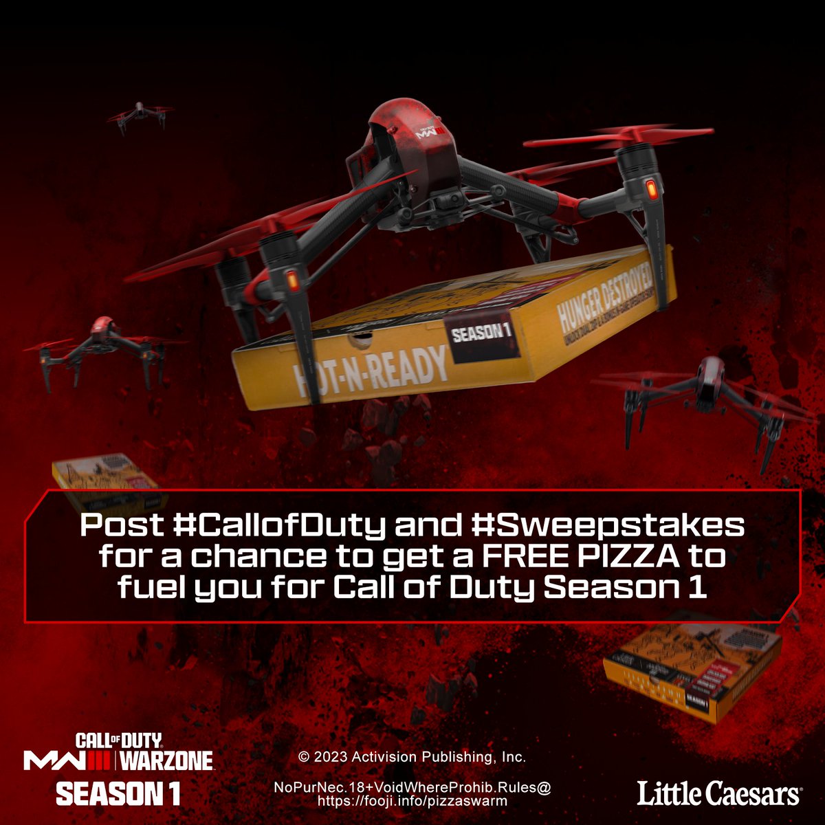 Call of Duty (@callofduty) on Twitter photo What’s better than a new Call of Duty Season of FREE new maps, modes and more? Playing with a FREE pizza by your side 🍕
Post #callofduty & #sweepstakes for a chance to receive Hot-N-Ready <a href="/littlecaesars/">Little Caesars Pizza</a> delivery today 📦
Full T&C ➡️ fooji.info/pizzaswarm What’s better than a new Call of Duty Season of FREE new maps, modes and more? Playing with a FREE pizza by your side 🍕
Post #callofduty & #sweepstakes for a chance to receive Hot-N-Ready <a href="/littlecaesars/">Little Caesars Pizza</a> delivery today 📦
Full T&C ➡️ fooji.info/pizzaswarm