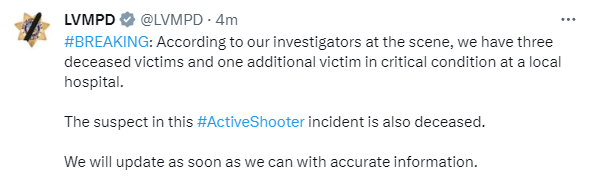 It's a heartbreaking and difficult day for us here in Las #Vegas. Information from @LVMPD on the @UNLV shooting confirming the worst fears. Keep us in your thoughts. #VegasStrong