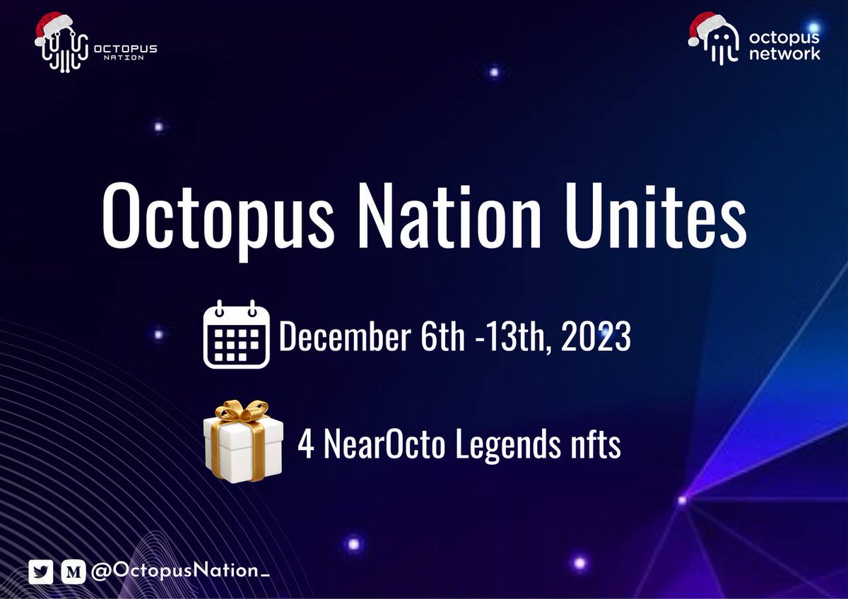 🐙 Dive deep into the Octopus Nation Unites event from December 6 to 13, 2023! 🌊 

Follow the steps:

1️⃣ Add ".otto" to your Twitter name

2️⃣ Fill out the Google Form:
 forms.gle/wdsWcWuHDCtM7R…

3️⃣ Stand a chance to win 1 of 4 exclusive NearOcto Legends NFTs in the lucky draw!🎁