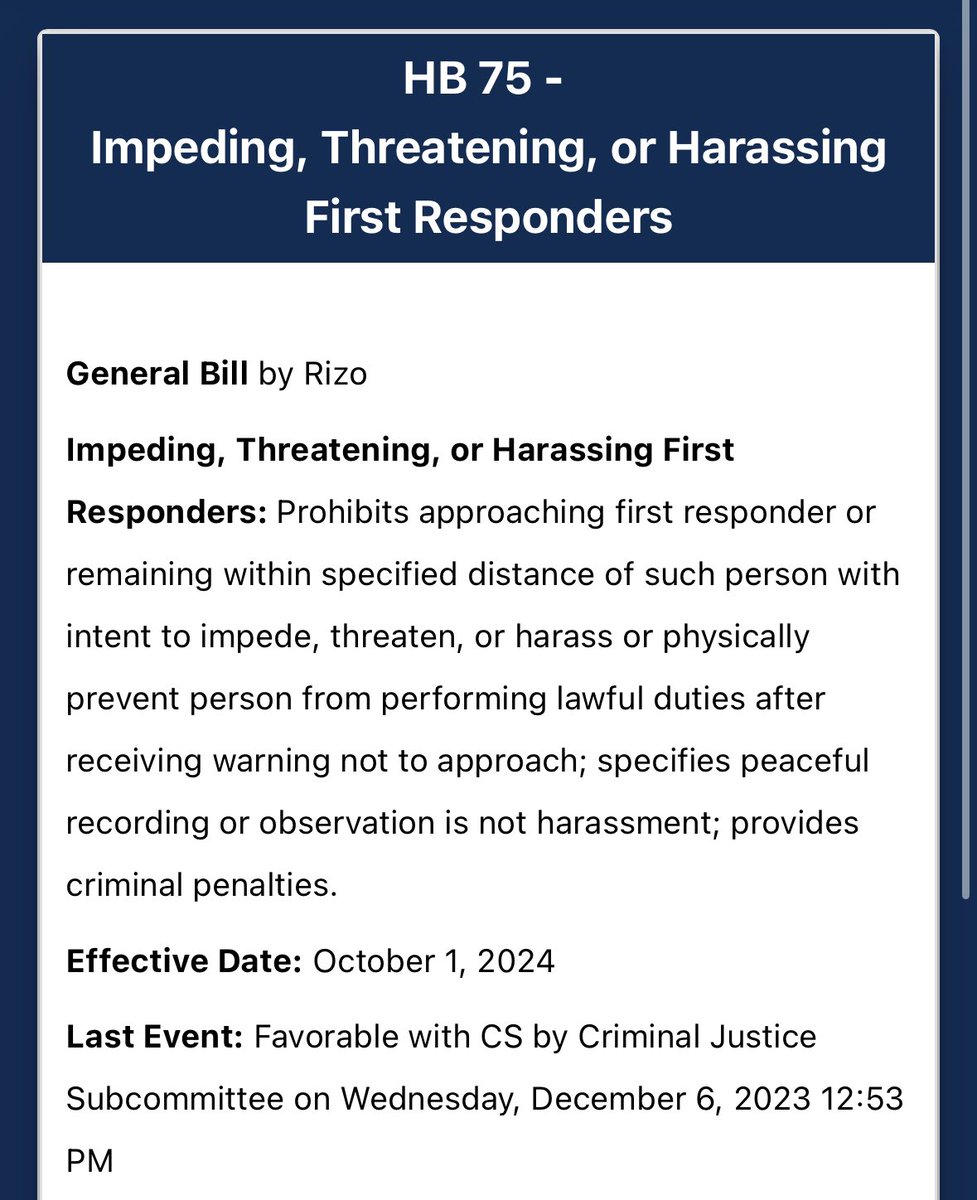 This bill that would make it harder for people to film police officers just passed a Florida House committee. myfloridahouse.gov/Sections/Bills…