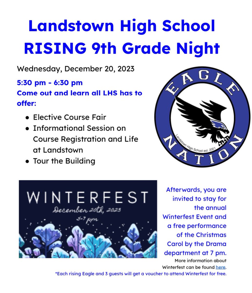 We look forward to meeting our rising <a href="/CLMSJETS/">Corporate Landing MS</a> &amp; <a href="/Landstownms/">Landstown Middle</a> 9th grade 🦅 on Wednesday, December 20th. We can’t wait to show our #EagleNation pride.