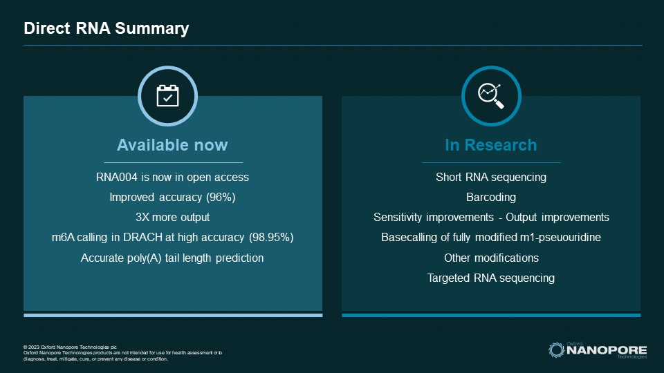 Direct RNA continues to improve. RNA004 provides improved accuracy (96%) &amp; 3X output over RNA002.   

6mA in RNA detected at 98.95% accuracy. New software enables accurate poly(A) tail length prediction.  

Short RNA (&lt;50bp) &amp; m1 pseuodridine basecaller coming soon. #nanoporeconf