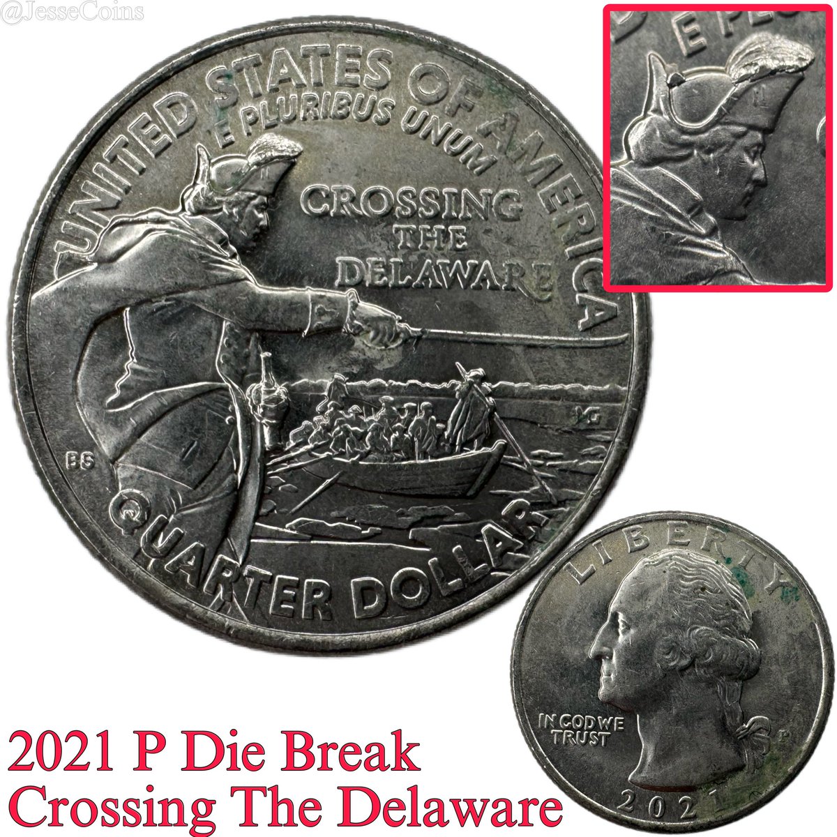 2021 P Crossing the Delaware Die Break!  Another fine example of a die break on General George Washington’s hat. This one looks like a massive feather in his hat. 
L

#crh #coinroll #coinrollhunting #coincollecting #coincollector #quarters #currency #currencycollection #fun