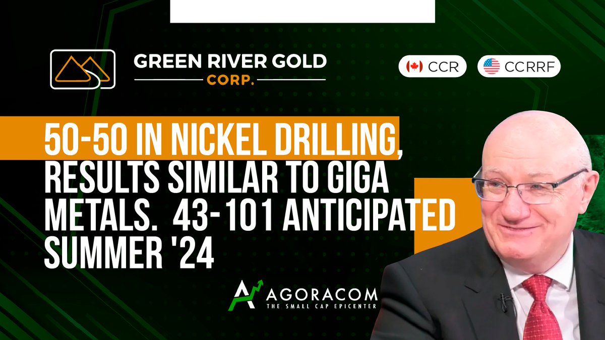 AGORACOM's tweet photo. INTERVIEW IS LIVE: @GreenRiver_Gold CCR 🇨🇦 / CCRRF 🇺🇸

👉 50th Consecutive Hole Hits Nickel, Magnesium, Cobalt &amp; Chromium from Bedrock Surface

👉 Results Similar To Giga Metals

👉 Prepping for 43-101 resource estimate, anticipated By Summer '24

WATCH NOW ON AGORACOM HUB https://t.co/3j9Xn4FRWI