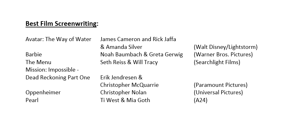 SaturnAwards's tweet photo. (1/2) The #SaturnAwards will be live streamed Feb. 4th, on @ElectricNow1!
Which film do you think is winning Best Film Screenwriting:
#AvatarTheWayOfWater - #JamesCameron and #RickJaffa & #AmandaSilver
#Barbie - #NoahBaumbach & #GretaGerwig
#TheMenu - #SethReiss & #WillTracy https://t.co/LiU9u1Z2oE
