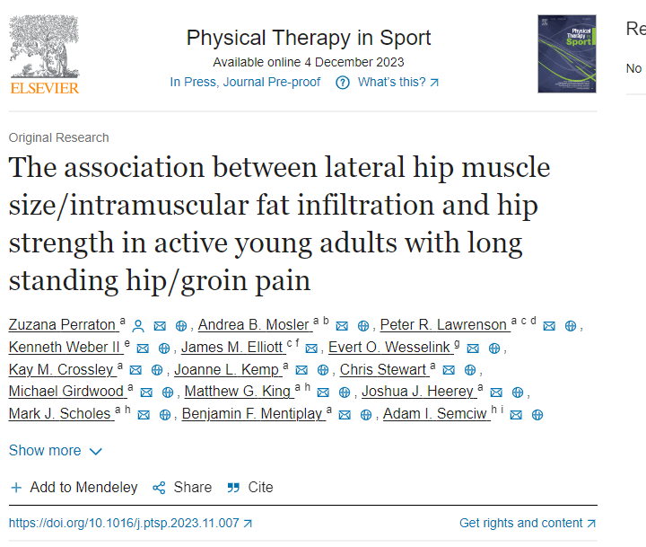 📢 Excited to announce my 2nd PhD paper "Lateral Hip Muscle Size &amp; Hip Strength in Hip/Groin Pain" 
Key Takeaways: ✅ Positive link b/w muscle volume &amp; hip strength ✅ Consistent findings across genders ✅ No muscle fat infiltration impact
👉  sciencedirect.com/science/articl…