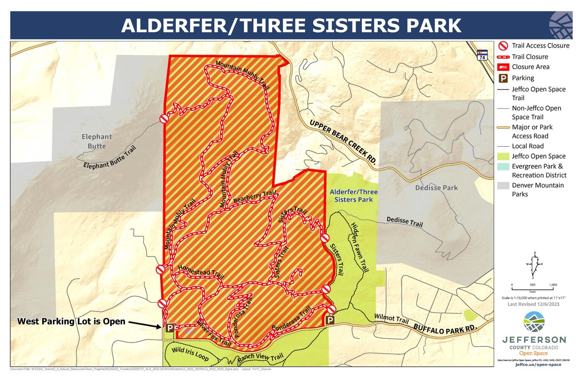 ⚠NOTICE: Alderfer/Three Sisters Park Forestry Closure Update-FULL W SIDE CLOSURE begins 12/11 until ~mid-2024. The W trailhead lot remains open. Trails impacted: Mtn Muhly, Bearberry, Homestead, Silver Fox, Ponderosa &amp; majority of Sisters. 
E &amp; S side of park &amp; trailhead is open
