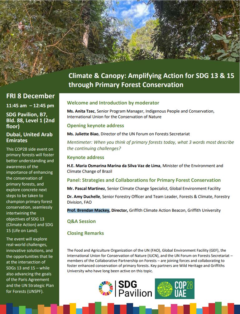 ClimateGriffith's tweet photo. Please join Prof Brendan Mackey at COP28 side event: "Climate & Canopy" on Dec 8, 11:45 am (Dubai time). Livestream: https://t.co/d7KXc6chdQ Details: https://t.co/sTssh8uBaP #ClimateAction @COP28_UAE #SDGs @AnitaTzec #Griffith_Uni https://t.co/KAORZJKReR