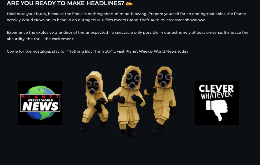 Hey! Check out Planet Weekly World News in @thesandboxgame! A virtual gaming world where players can build, own, and monetize their gaming experiences. sandbox.game/en/experiences… #SandboxGame #metaverse <a href="/weeklyworldnews/">WEEKLY WORLD NEWS</a>