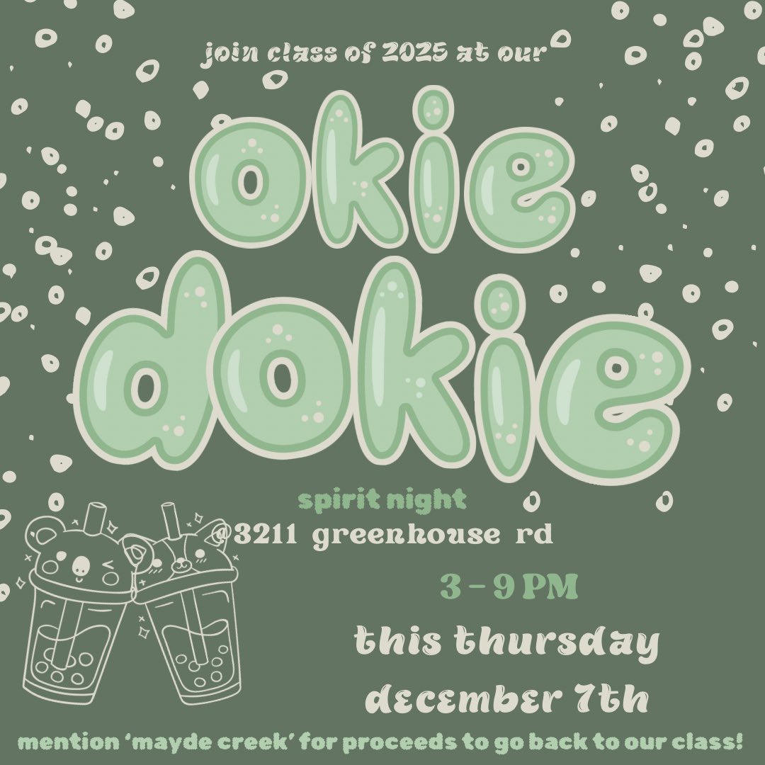 Please join us this THURSDAY at OKIE DOKIE teahouse!! Invite friends, family, teachers, to support our class from 3-9pm, these proceeds go to our prom! We can’t wait to see y'all there and don't forget to mention 'Mayde Creek' at the counter for it to count! @MCHS_Rams