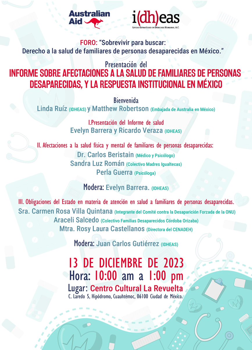 📣 IDHEAS invita al foro “Sobrevivir para buscar: Derecho a la salud de familiares de personas desaparecidas en México.”

🗓️ 13 de diciembre de 2023 
🕦 10:00 am
📍Centro Cultural La Revuelta, C. Laredo 5, Hipódromo, Cuauhtémoc, CDMX 

Inscripción: forms.gle/MEwWYNAsxqiRY8…