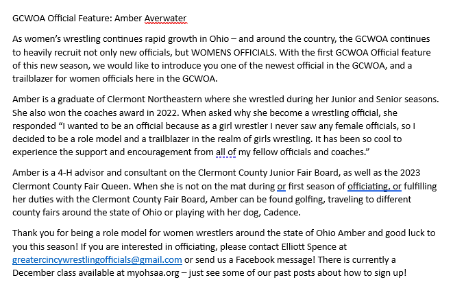 GCWOA's tweet image. GCWOA Official Feature: Amber Averwater - welcome to the first female official in the GCWOA in 20+ years! We hope to see many womens wrestlers following in Amber's footsteps! Read the attached to learn more about Amber and what brought her to become a wrestling official!