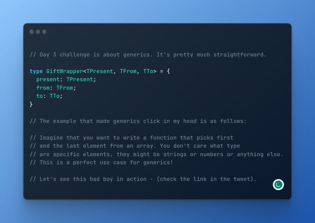 7sane_'s tweet image. #typehero #AdventOfTypescript  Day 3: Okay now I'm absolutely late but here it is:
The link to ts-playground:
typescriptlang.org/play?target=99