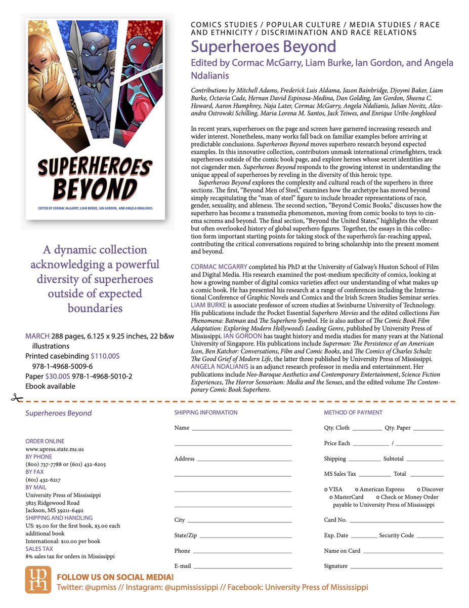 burkeliam's tweet image. You know a book is real when it has a flyer! Superheroes Beyond from @upmiss and edited by Cormac McGarry, @ilgordon and @batndal is out soon, with amazing contributors including @DrMitchAdams @najalater @dangolding and a foreword by @ProfessorLatinx