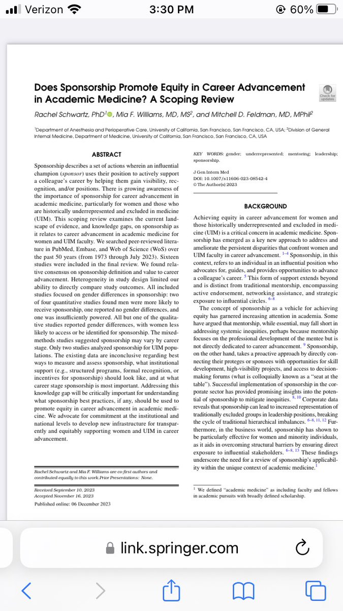 In academic medicine, sponsorship impacts women and UIM faculty. Our new scoping review in @JournalGIM calls for initiatives for proactive sponsoring. @miafwill @UCSFDGIM @UCSFAnesthesia tinyurl.com/SponsorshipinA…