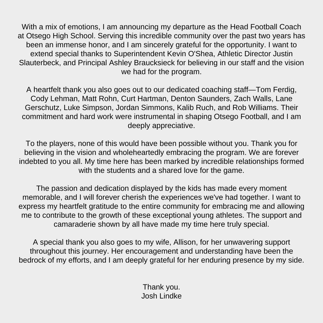 Thank you to everyone at Otsego!