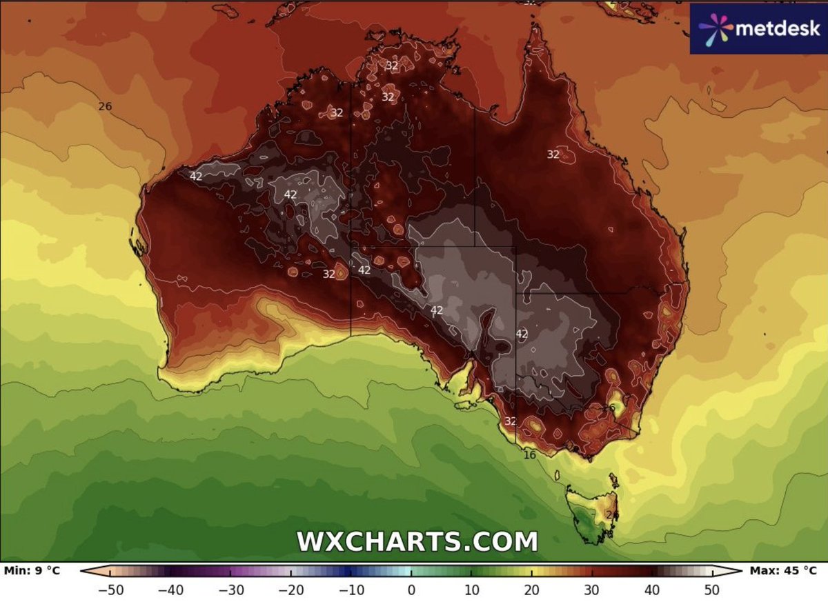 Incredible heat across #Australia currently. Huge fire risks also with temps over 45C in many places. By the end of the week, temps may reach 8 to 15°C above the December average! 15C above average! The new climate will scorch this piece of the Earth in the coming decades.