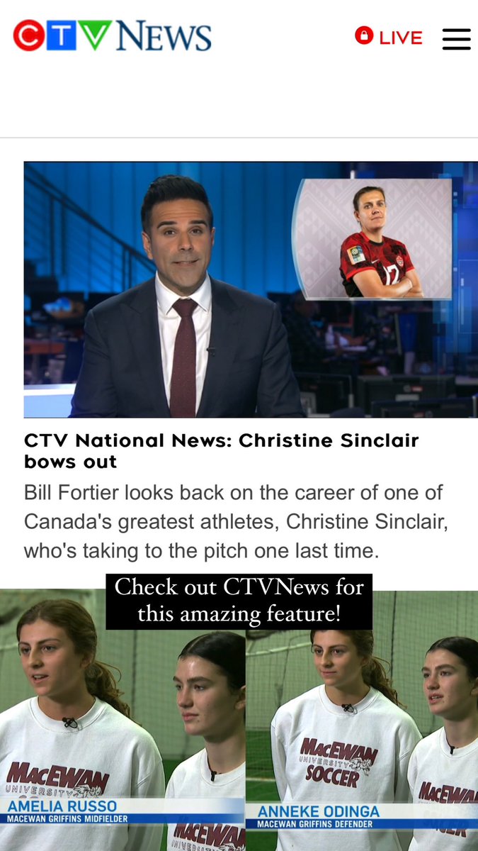Griffins_WSOC's tweet photo. W⚽️| Check out CTVNews Edmonton for this amazing feature with @annekeodinga_ &amp; Amelia Russo on Christine Sinclair’s career! 🤩 https://t.co/5niFbCoEvr