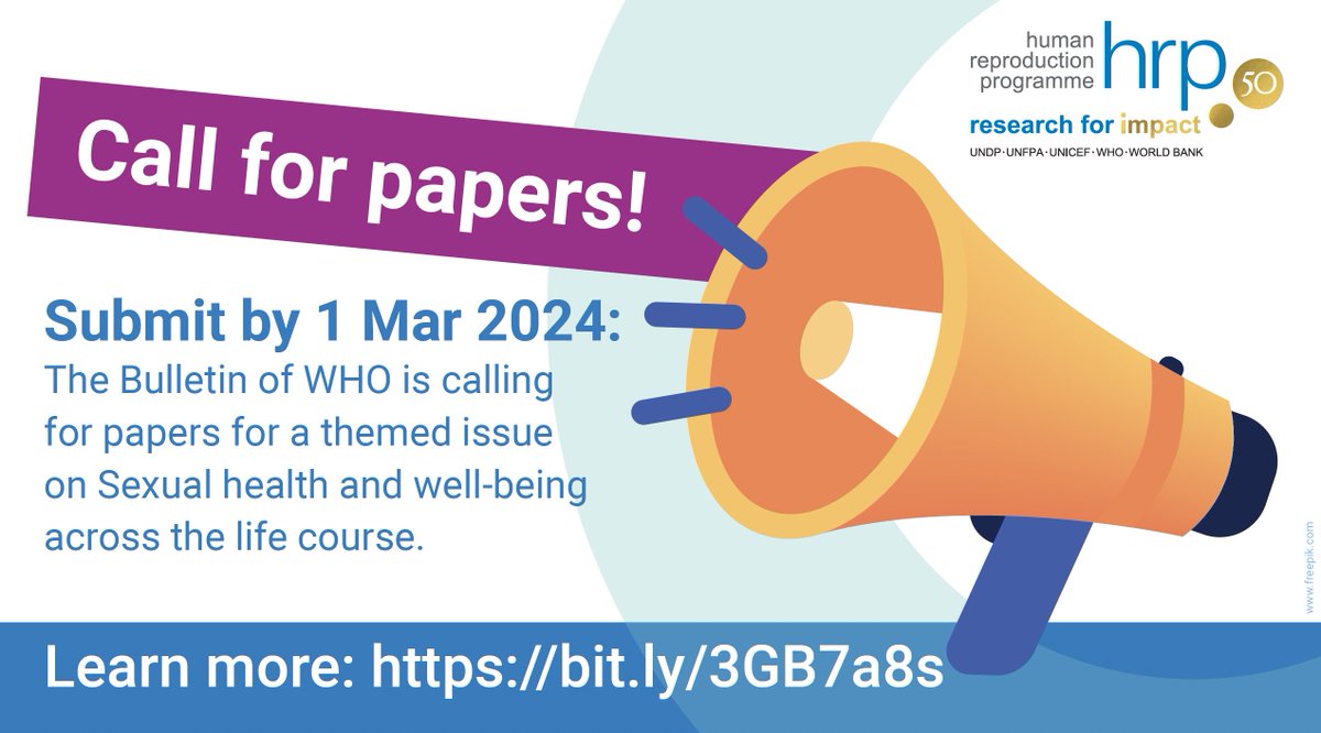 Call for papers open! The Bulletin of @WHO is calling for papers for a themed issue on Sexual health and well-being across the life course. Aim = create a dialogue & highlight evidence from both health system and people-centred perspectives. Learn more: bit.ly/3GB7a8s