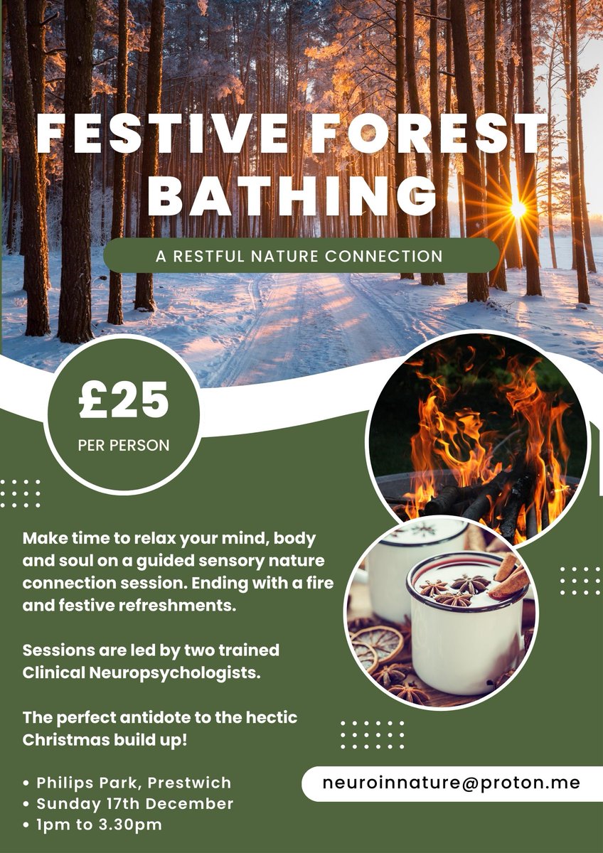Join us for a festive forest bathing experience!
We'll guide you through a series of mindful activities designed to reduce stress, increase well-being and recharge this festive season. The perfect break from the busy Christmas build up! 🌲⭐️🌳
eventbrite.com/e/festive-fore…