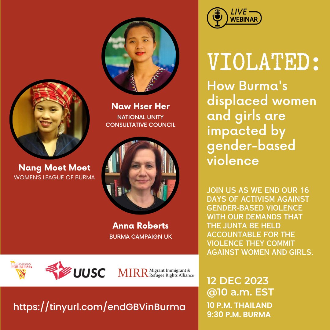 uscb's tweet photo. 📢To round out the @UN_Women's #16DaysOfActivism,
our panel will discuss the #GBV &amp; #sexualviolence committed against displaced women &amp; girls of #Burma , impacts on living in displacement camps, &amp; programs currently available. 

RSVP Here: https://t.co/uoUVNbwgfp https://t.co/0aaDuwR9mS