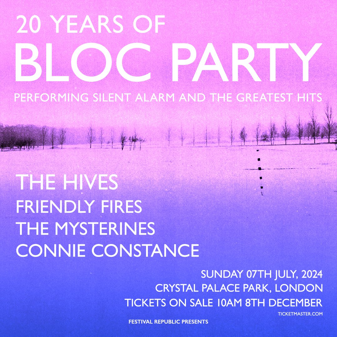 2024 #UK Show Announcement: @BlocParty announced a big show at @CrystalPalacePK #London next summer. Support @TheHives @FriendlyFires @TheMysterines + #ConnieConstance.

Presale tickets available from Here: ticketmaster.co.uk/event/37005F85…

#Indie #IndieRock #BritRock #AlternativeIndie
