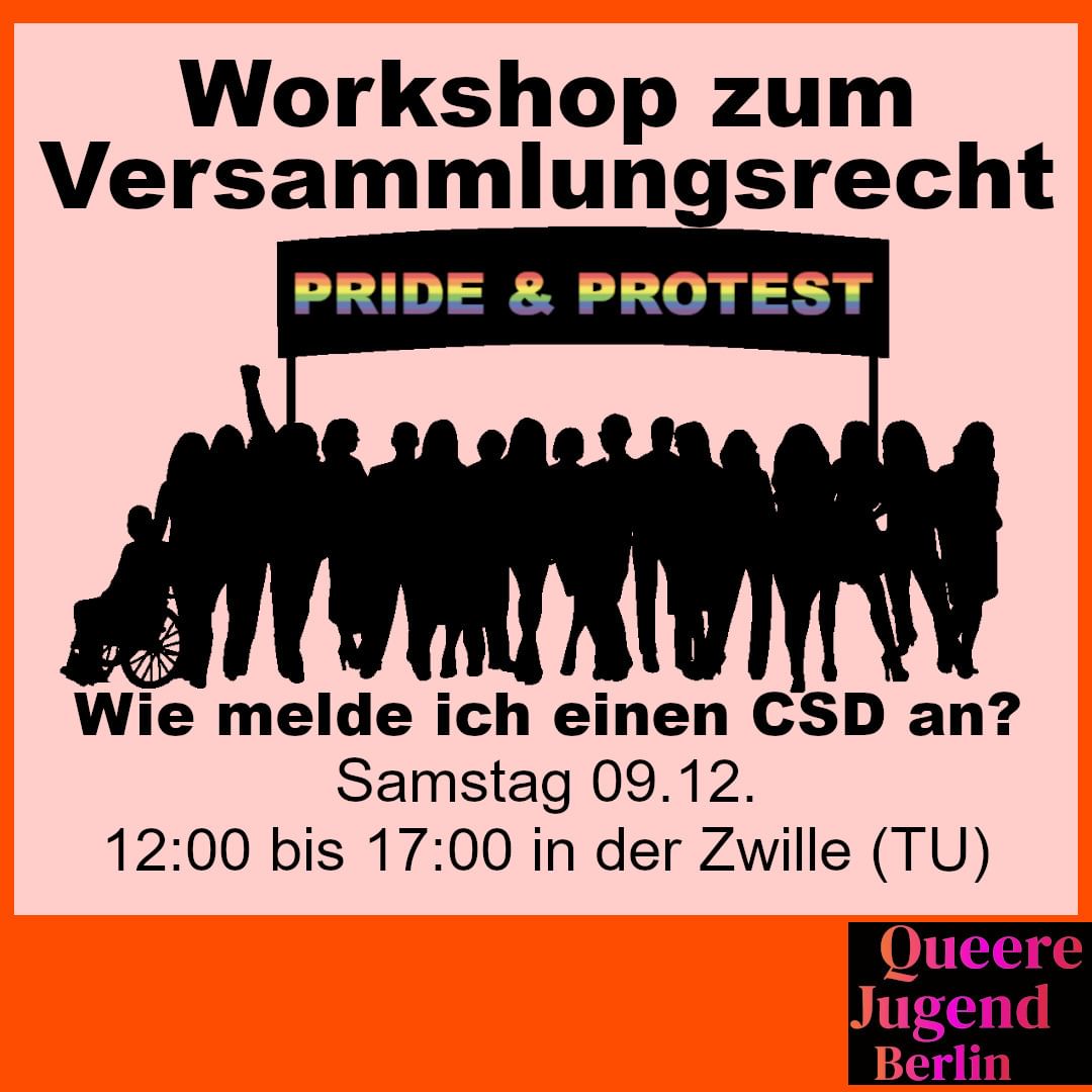 AsanBerlin's tweet photo. 🔥Pride &amp; Protest Workshop zum Versammlungsrecht🔥

Samstag, 09.12.2023 | 12:00 Uhr | Zwille Fasanenstraße 1 A 10623 Berlin

📣Aufruf - please read!: https://t.co/3uogHGGnYk

1/2

#b0912 #Queerberlin https://t.co/fLNxioDhcL