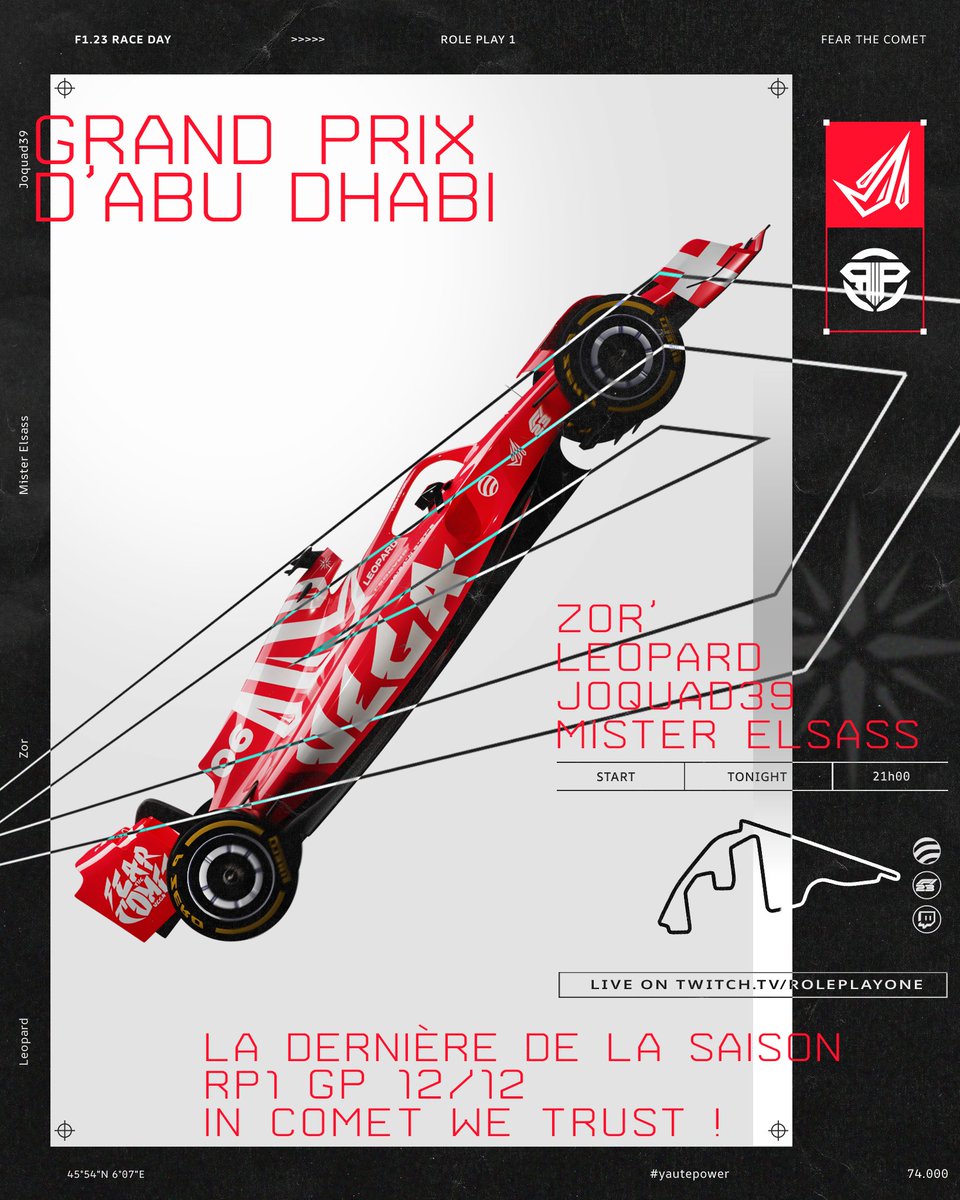 🔴 F1 ESPORT 

C'est la dernière de la saison ! L'heure de tout donner, ce soir à Yas Marina, pour le grand prix d'Abu Dhabi afin de clôturer cette saison de @one_rp1 en div 2 ! 🇦🇪 

🕘 21H
➡️ twitch.tv/roleplayone