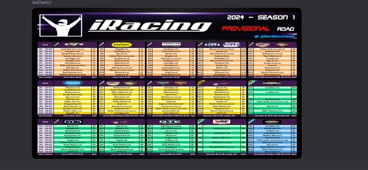 Calendarios provisionales de @Iracing 2024S1 disponibles en Discord. 
Serán actualizados en caso de cambio de ultima hora.

@Iracing 2024S1 Provisional Schedule available in Discord. It will be updated in case of change.

Discord LINK -----> discord.gg/JPUNyzCjBq