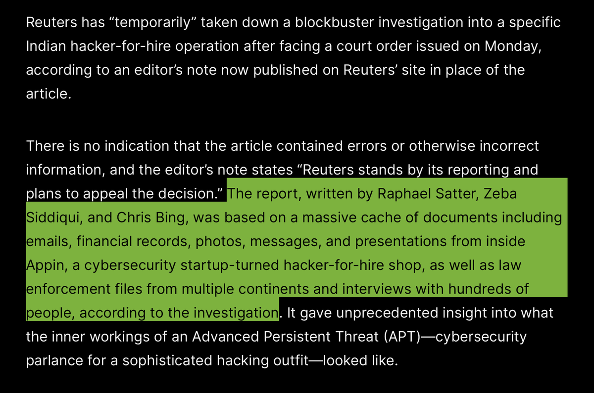 New: Reuters has taken down its blockbuster investigation into how a hacker-for-hire shop after an Indian court order. No sign the piece was wrong, comes as India faces wave of press freedom issues: 404media.co/reuters-takes-… Archive still exists. Read it: web.archive.org/web/2023111616…