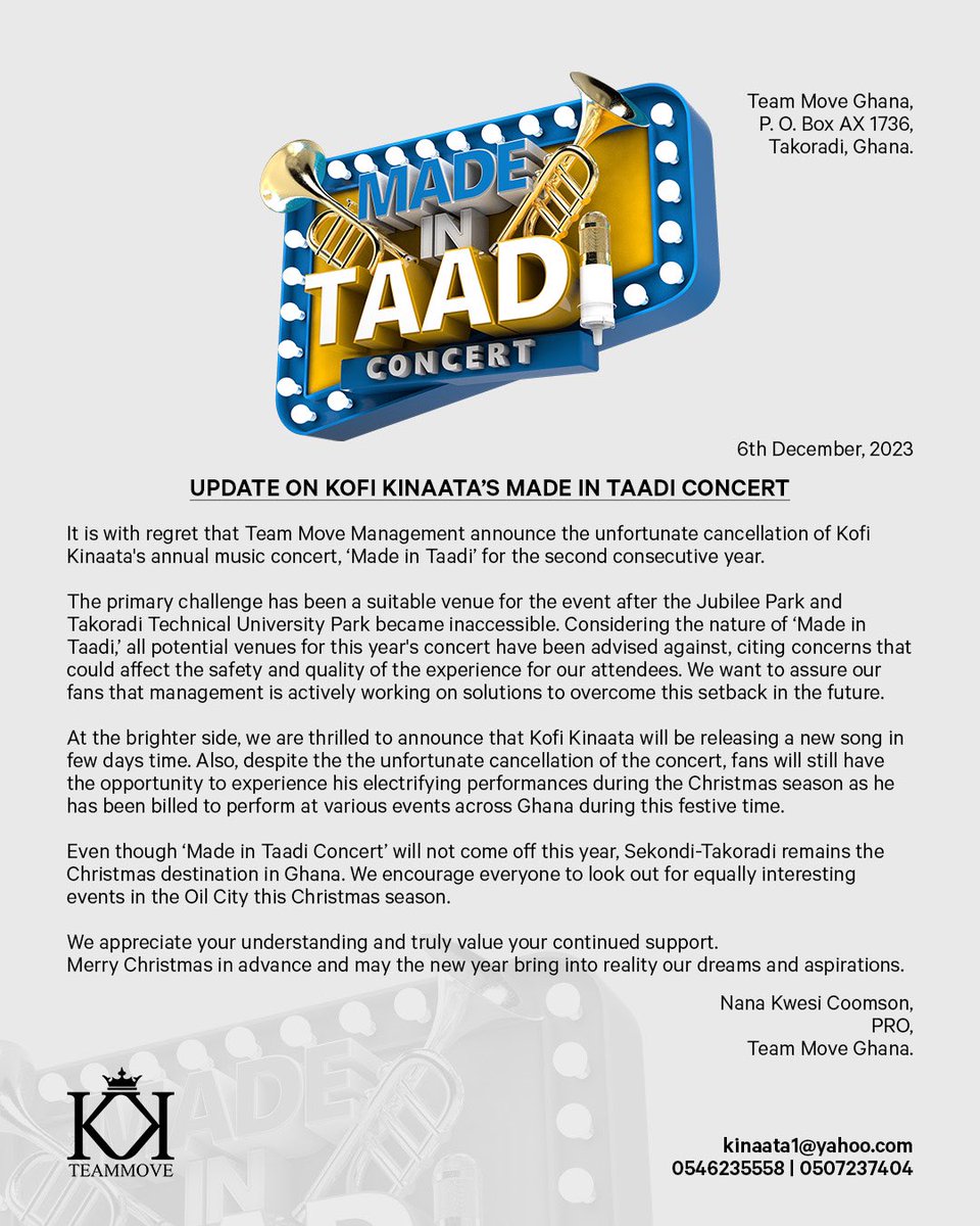 For Immediate Release! UPDATE on ‘Made in Taadi Concert’ #MadeInTaadiConcert #TeamMooove