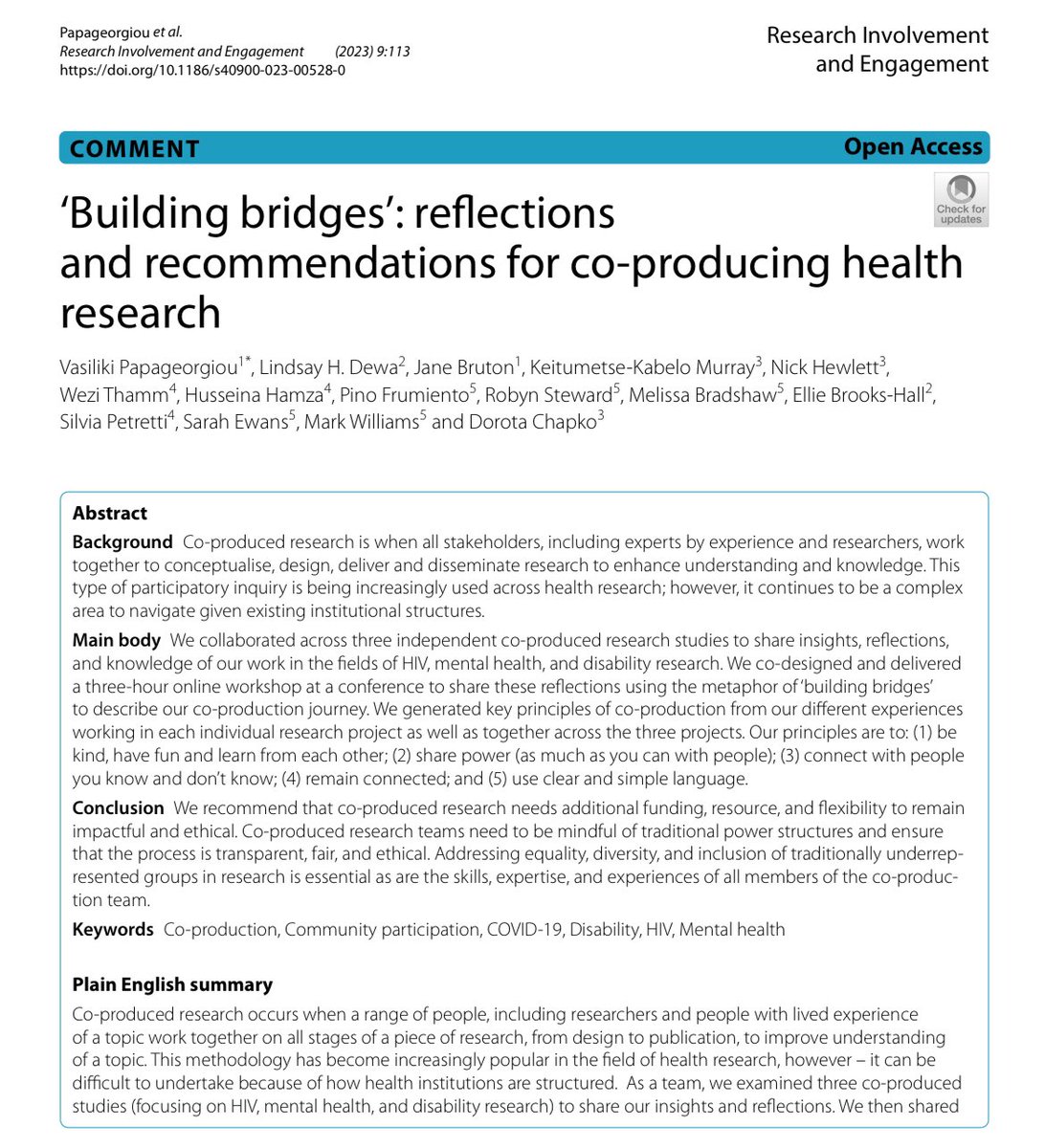 Our co-produced paper sharing reflections and recommendations in health research is out now! @BioMedCentral So exciting! 🥰 Love that this came from our co-produced symposium at the @NCRMUK conference! @HeartnSoulArt #coproduction See it here! 👇 shorturl.at/gjwS8