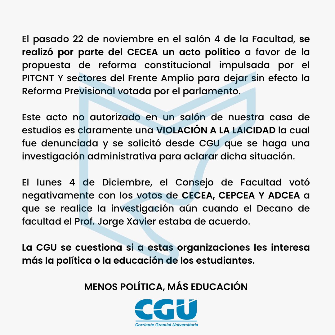 Desde CGU rechazamos la violación a la laicidad en nuestra casa de estudios por parte de Cecea y la complicidad de los docentes.
Solicitamos Menos Política, Más educación.