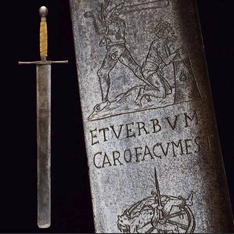 yumcarton's tweet photo. Executioner’s sword. The inscription reads, “And the Word became Flesh”. Germany, 1613 https://t.co/ErE9Ui2lDF