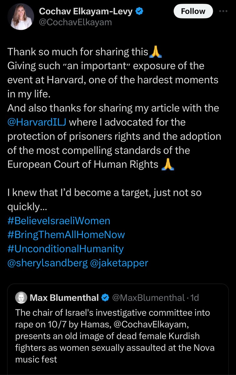 The chair of Israel's "Hamas rape" commission, Cochav Elkayam Levy, has delivered a highly revealing response to me.

After I exposed her for promoting a 2022 photo of dead Kurdish fighters as women raped by Hamas on Oct 7, she did not bother to refute me, nor did she explain her