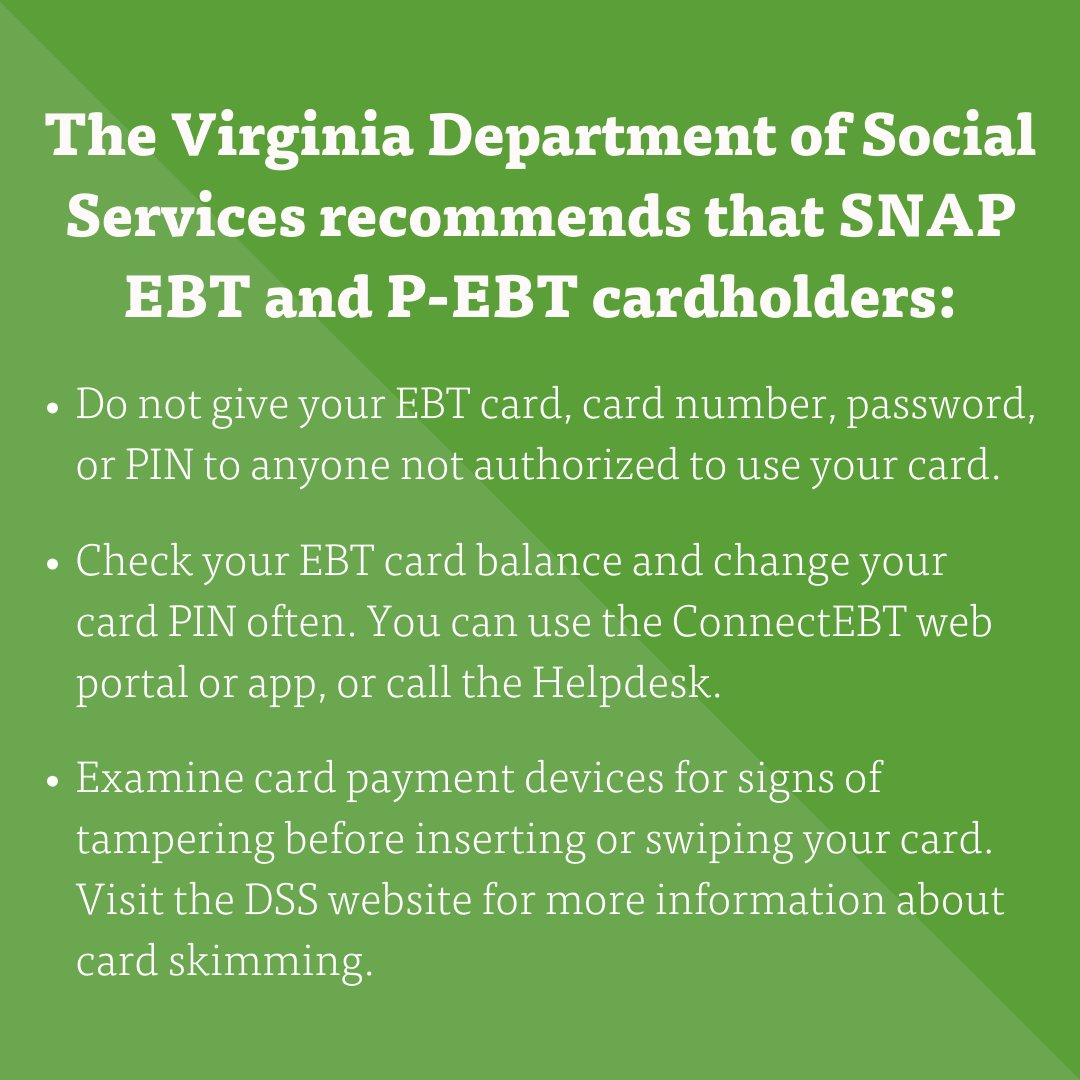 If you are the victim of an EBT scam, take action right away. You can apply for reimbursement funds if the scam occurred after October 1, 2022. More information about how to protect your benefits and report scams: dss.virginia.gov/benefit/EBTSca…