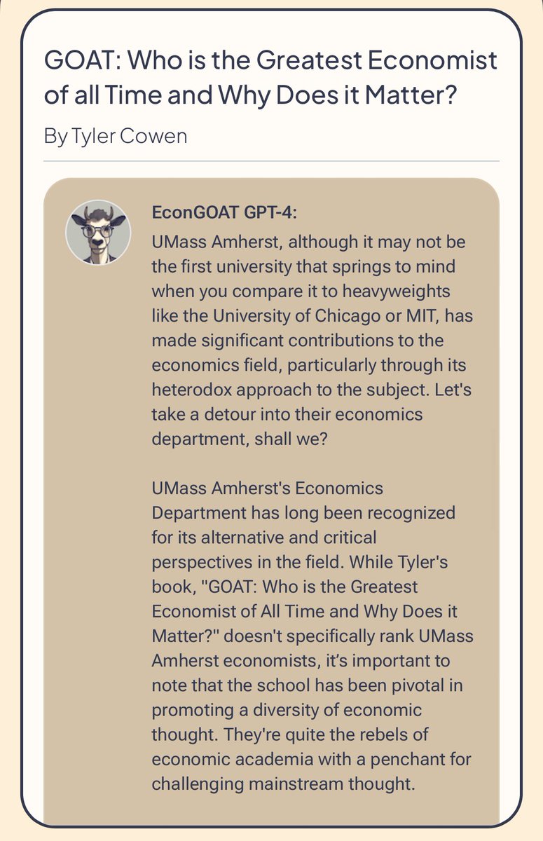 rorymcgrath's tweet photo. Enjoying @tylercowen’s Econ Goat @ChatGPTapp plugin. Let’s see what “he” says about @UMassEcon. https://t.co/vyi9wQsiiB