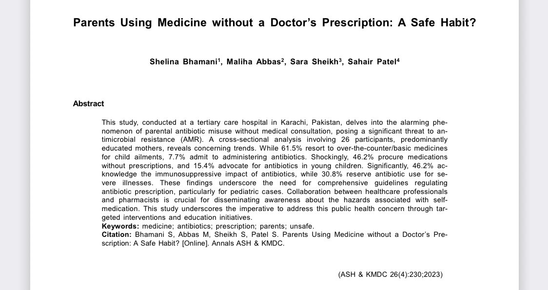 🩺 Alarming! Our study reveals parents misuse antibiotics - a threat to AMR. 46.2% buy meds without prescriptions, 15.4% use on kids. Let's raise awareness & ensure responsible medication practices! 💪 #MedSafety #AntibioticMisuse #AMR #Parenting #HealthAwareness