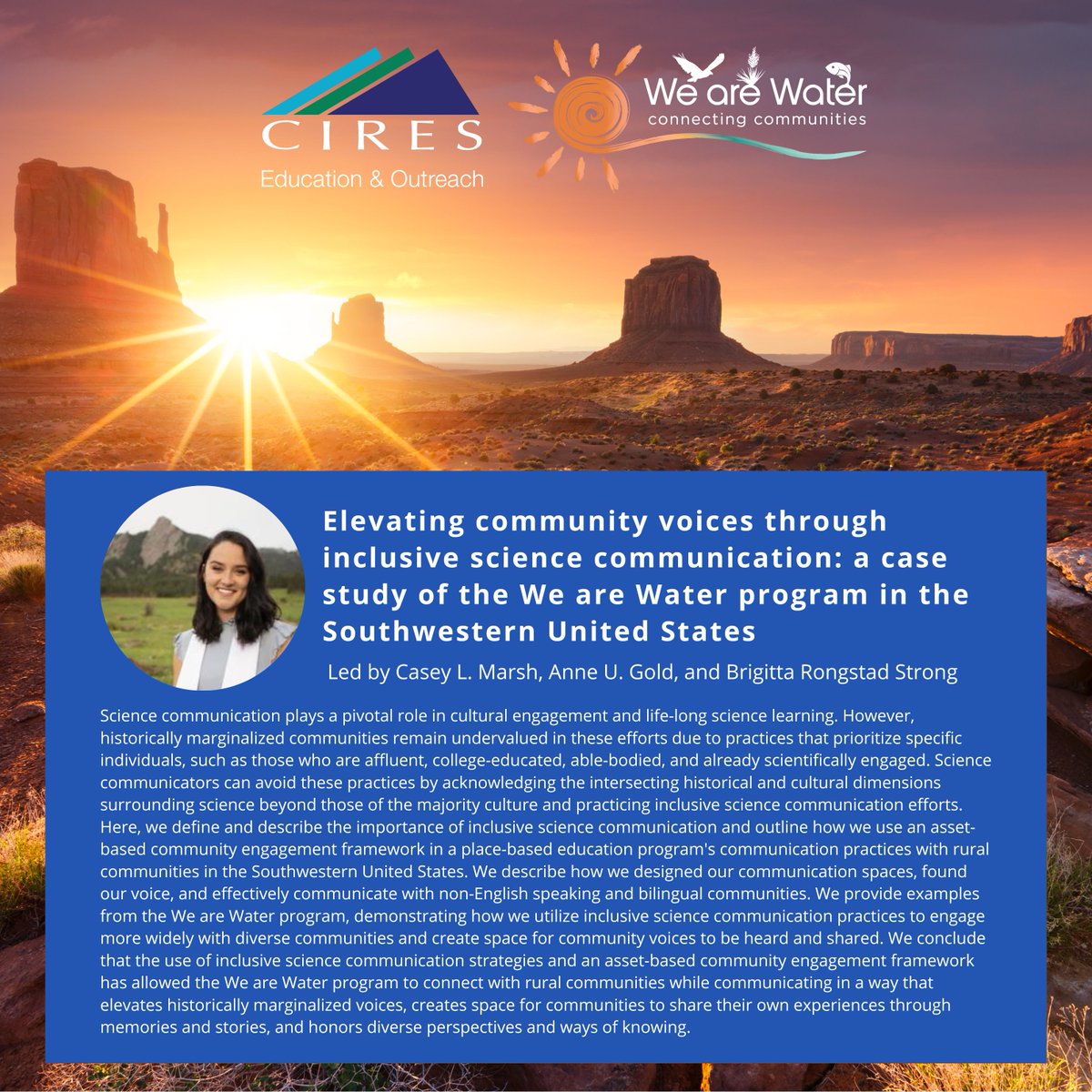 CIRES CEEE (@ciresceee) on Twitter photo A new paper led by our own Casey Marsh outlines how the <a href="/WeAreWaterSW/">We Are Water SW</a> team utilizes inclusive science communication practices to engage more widely with diverse communities in the Southwest.
Read it here🔖frontiersin.org/articles/10.33… A new paper led by our own Casey Marsh outlines how the <a href="/WeAreWaterSW/">We Are Water SW</a> team utilizes inclusive science communication practices to engage more widely with diverse communities in the Southwest.
Read it here🔖frontiersin.org/articles/10.33…