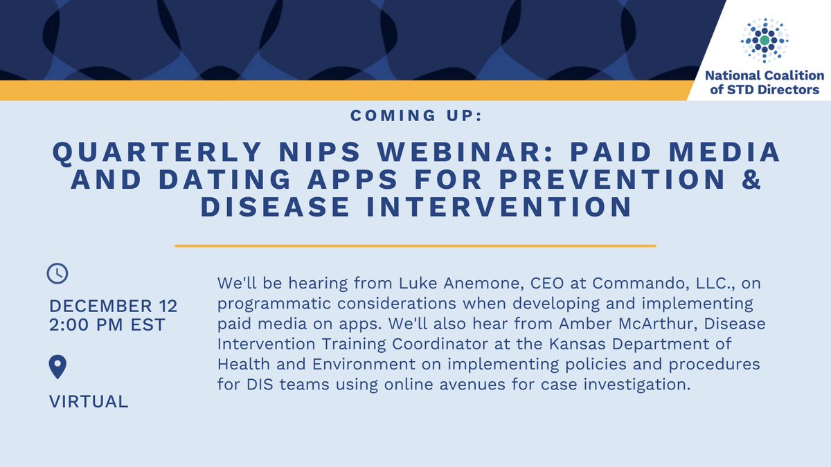 For our fourth quarterly NIPS webinar, we'll be diving into paid media dating apps for disease prevention and intervention -- we hope you'll join us! Register: bit.ly/4a4zxcS