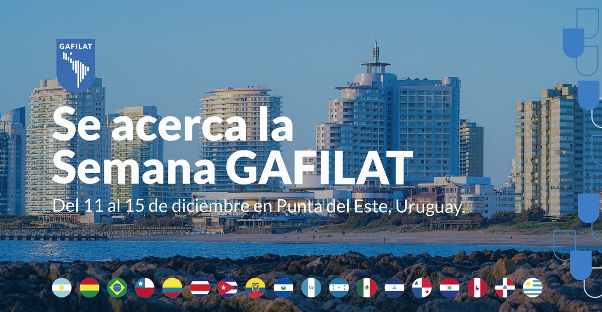Del 11 al 15 de diciembre, se estarán desarrollando las reuniones de los Grupos de Trabajo y el XLVIII Pleno de Representantes del GAFILAT en la ciudad de Punta del Este, Uruguay. Asistirán los delegados de los 18 países miembros y observadores del organismo.