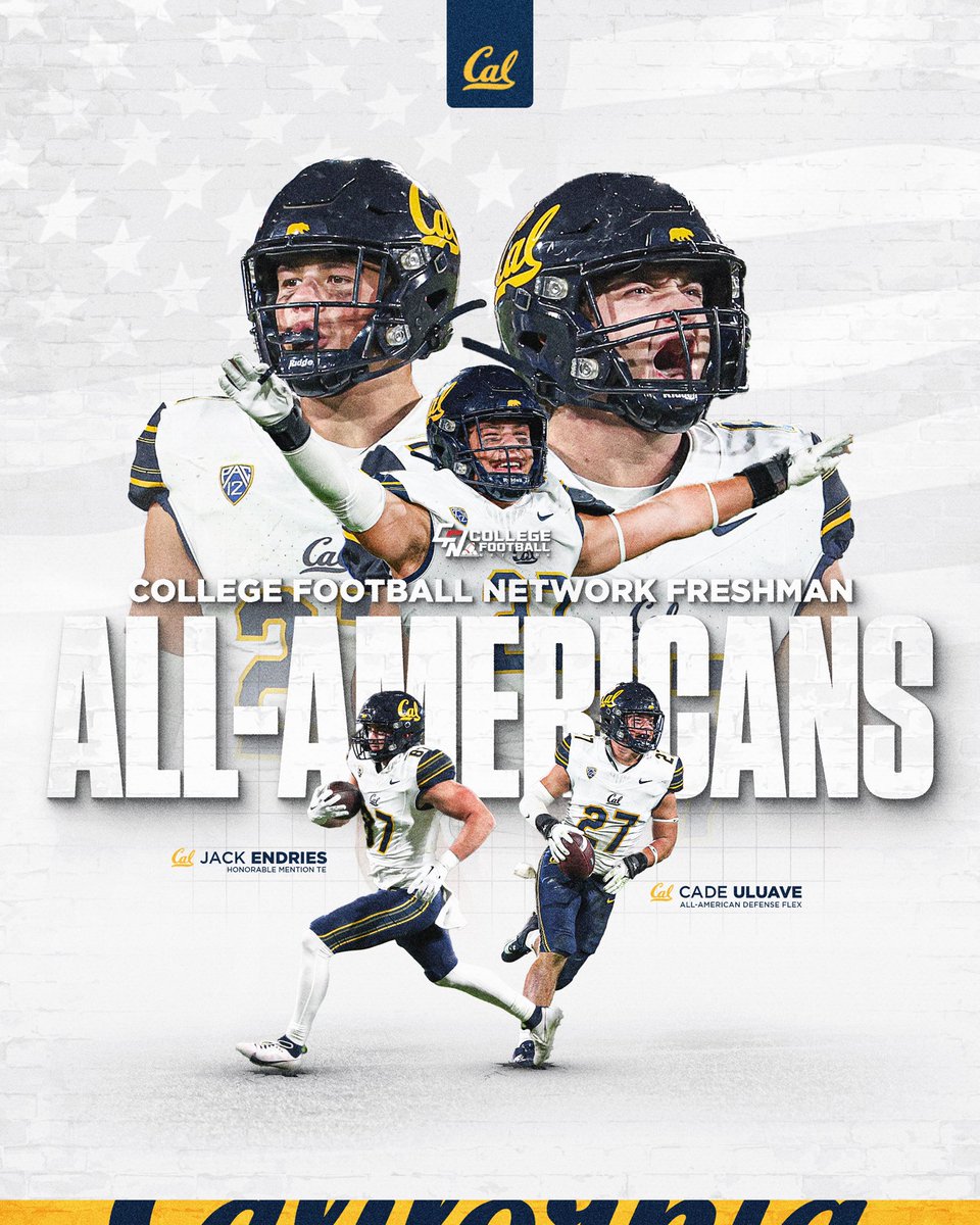 Cal Football (@calfootball) on Twitter photo College Football Network has recognized <a href="/cadeuluave/">Cade Uluave</a> and <a href="/JackEndries/">Jack Endries</a> as Freshman All-Americans π
#GoBears x <a href="/CFN365/">College Sports Network</a> College Football Network has recognized <a href="/cadeuluave/">Cade Uluave</a> and <a href="/JackEndries/">Jack Endries</a> as Freshman All-Americans π
#GoBears x <a href="/CFN365/">College Sports Network</a>