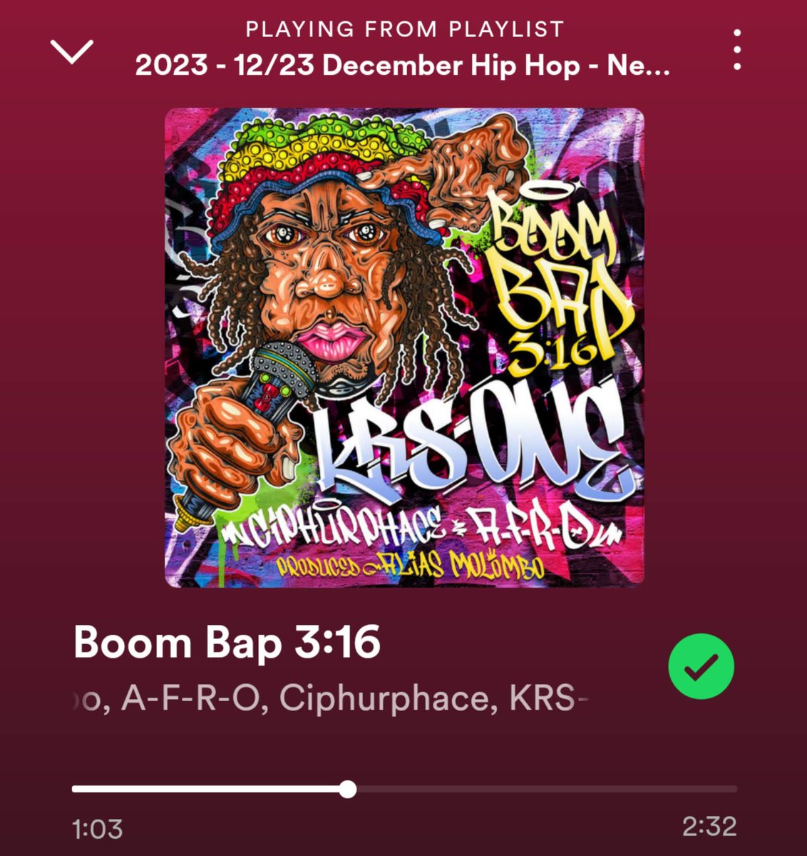 "Boom Bap 3:16" by Alias Molombo, A-F-R-O, Ciphurphace &amp; KRS-One is 1 of the dope tracks on THHM's December 2023 Spotify playlist "New Underground Classic Rap" #NowPlaying #HipHop50 #HipHop #HipHopHistory #THHM #Playlist  #SpotifyWrapped 

Listen &amp; Follow: open.spotify.com/playlist/1xROf…